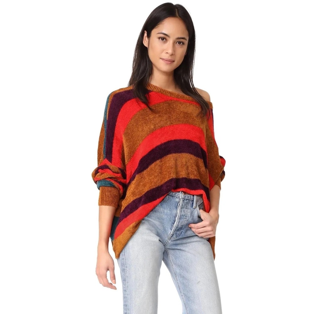 Free People All About You Striped Knit Oversized Pullover Sweater S Terracotta